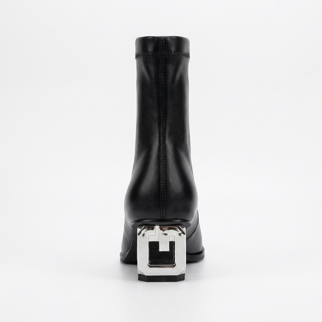 Bottine à talon noir Simili Cuir Femme - Talon géométrique métallique