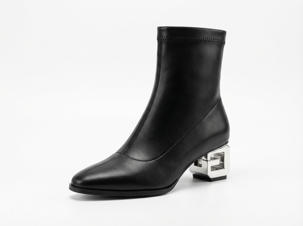 Bottine à talon noir Simili Cuir Femme - Talon géométrique métallique