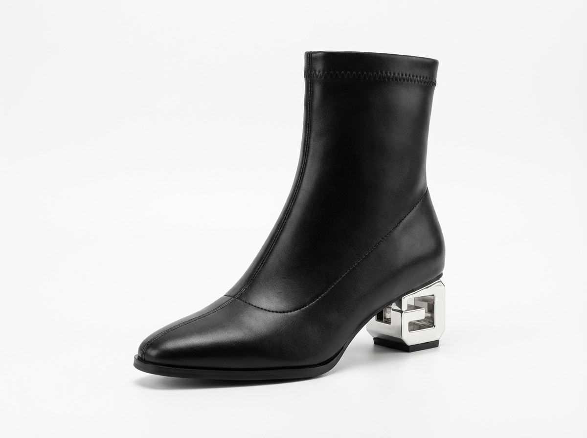 Bottine à talon noir Simili Cuir Femme - Talon géométrique métallique