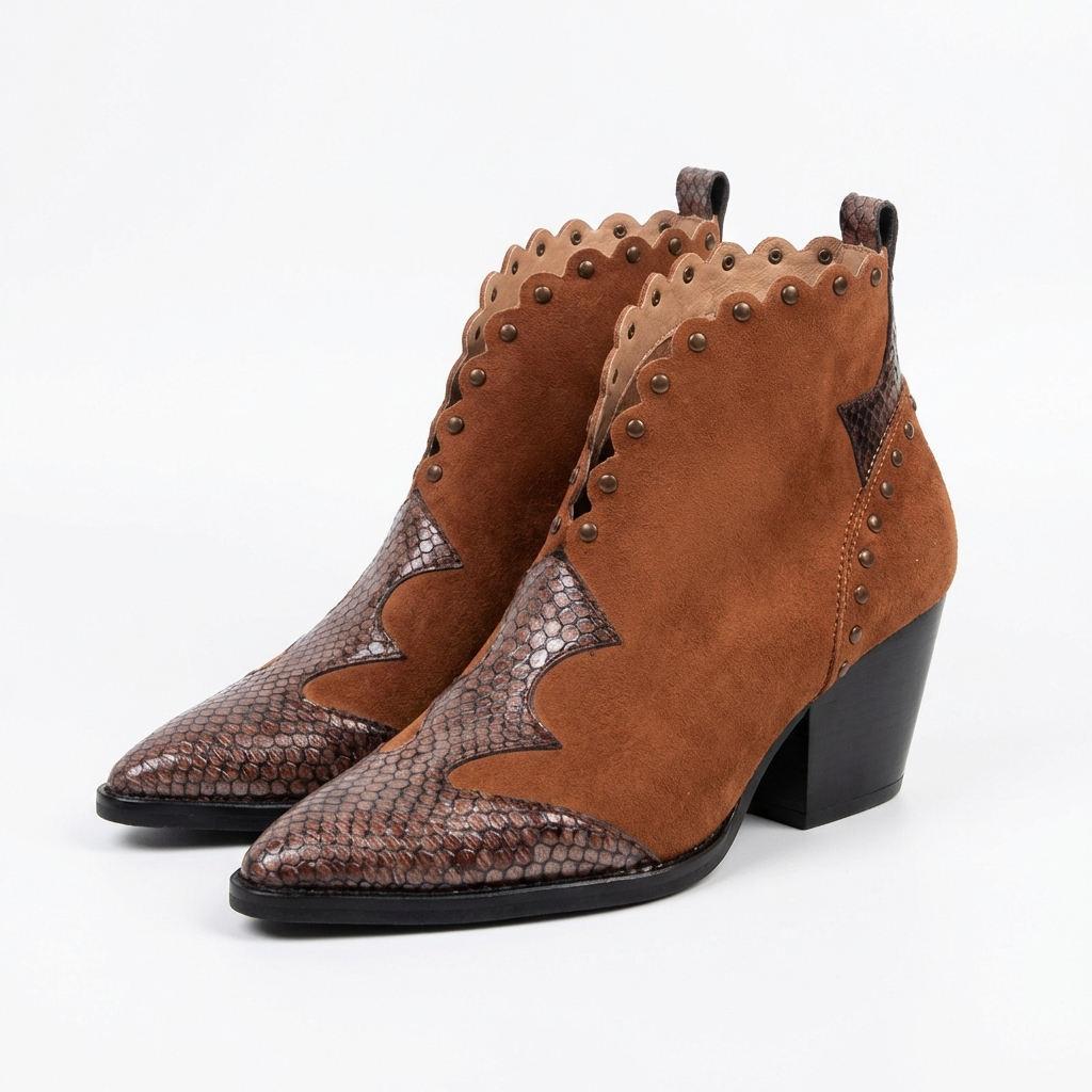 Santiag mi-haute marron Synthétique Femme - Bout pointu, motif python