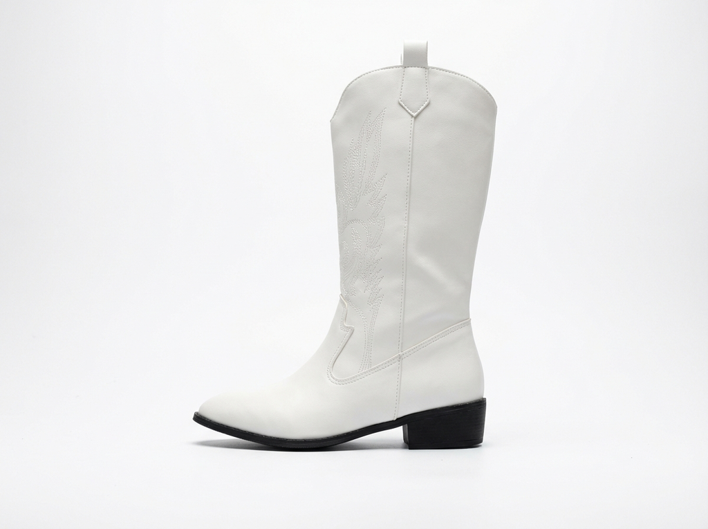 Santiag mi-haute blanc Simili Cuir Femme - Broderies florales