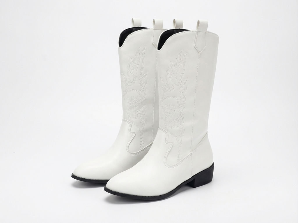 Santiag mi-haute blanc Simili Cuir Femme - Broderies florales
