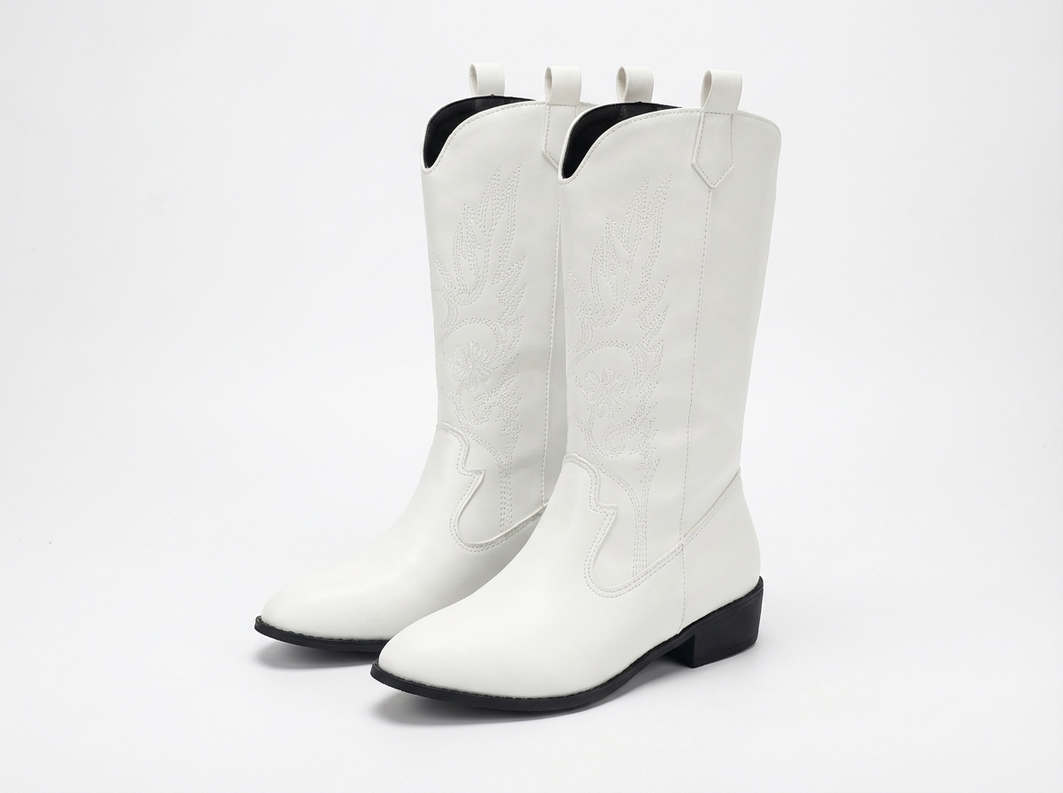 Santiag mi-haute blanc Simili Cuir Femme - Broderies florales