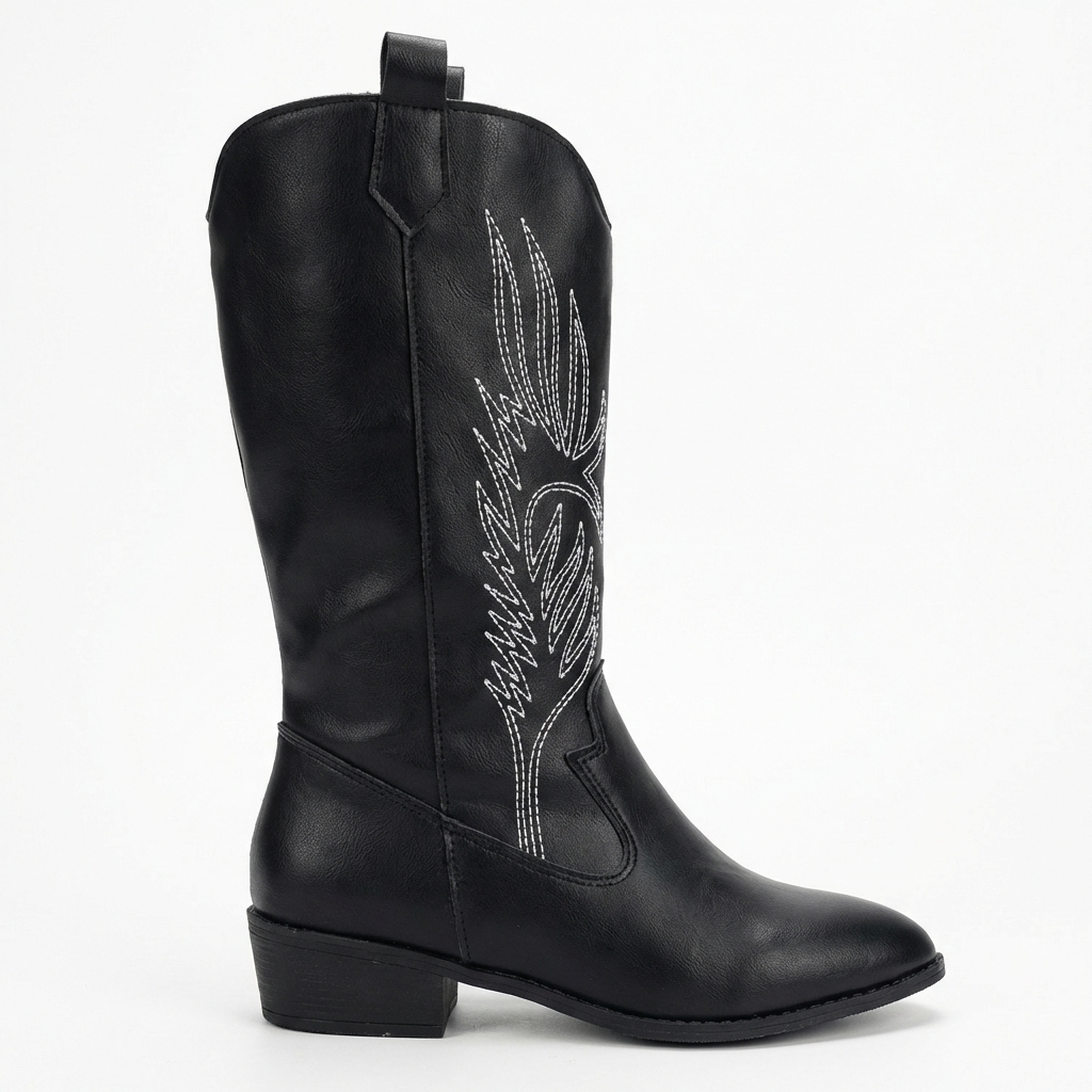 Santiag mi-haute noir Simili Cuir Femme - Broderies plume, coutures blanches