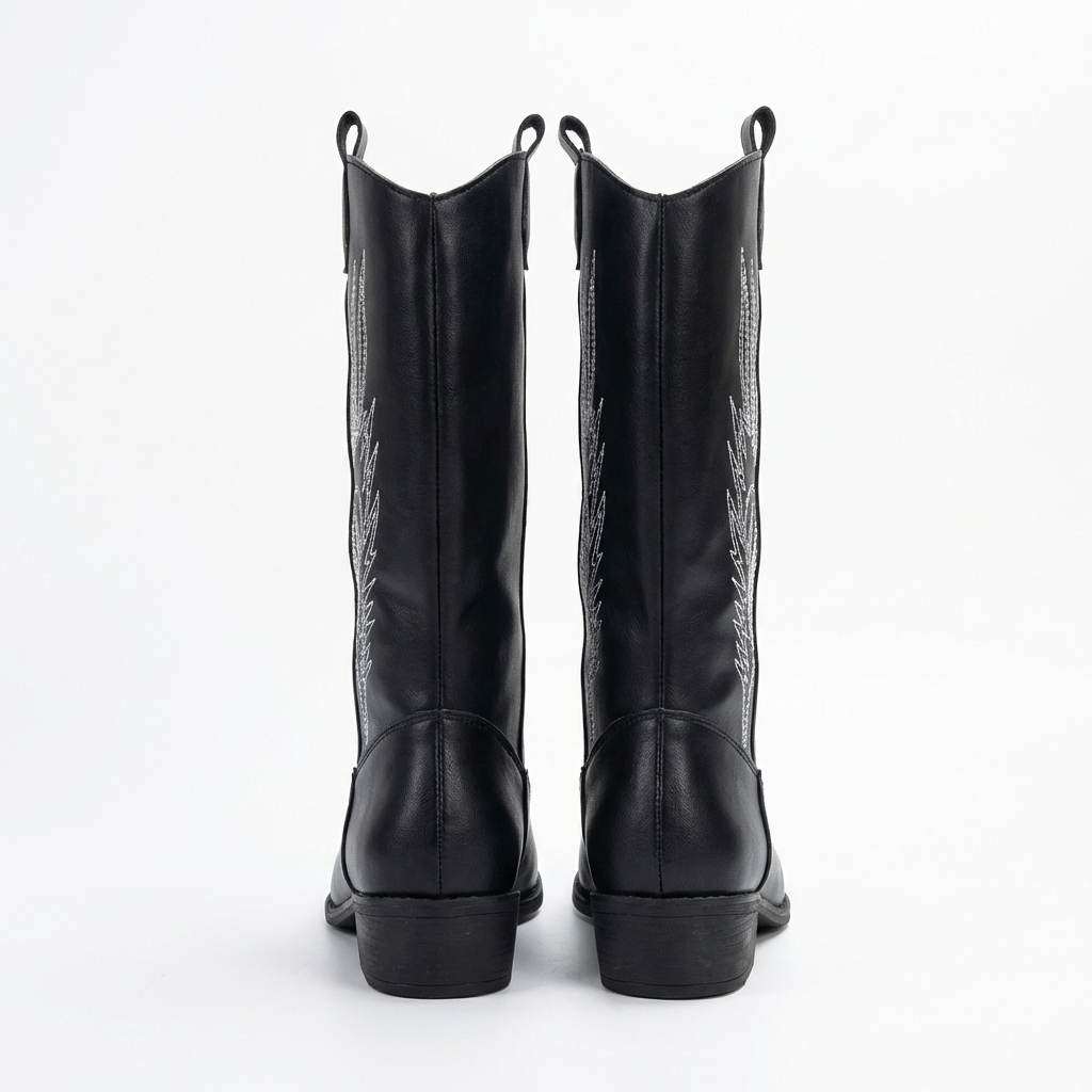 Santiag mi-haute noir Simili Cuir Femme - Broderies plume, coutures blanches