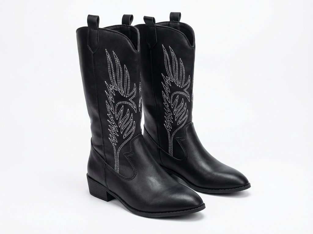 Santiag mi-haute noir Simili Cuir Femme - Broderies plume, coutures blanches