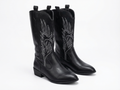 Santiag mi-haute noir Simili Cuir Femme - Broderies plume, coutures blanches