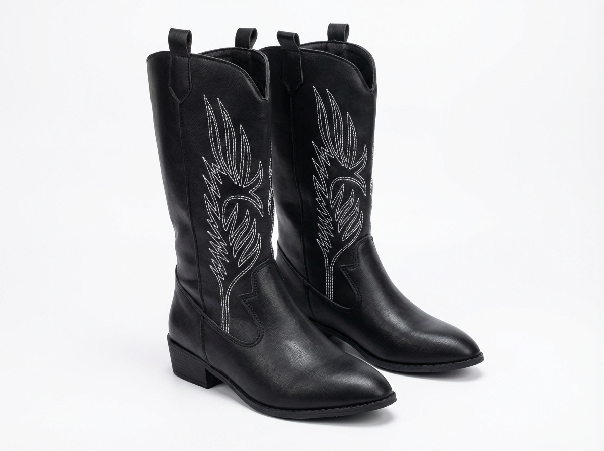 Santiag mi-haute noir Simili Cuir Femme - Broderies plume, coutures blanches