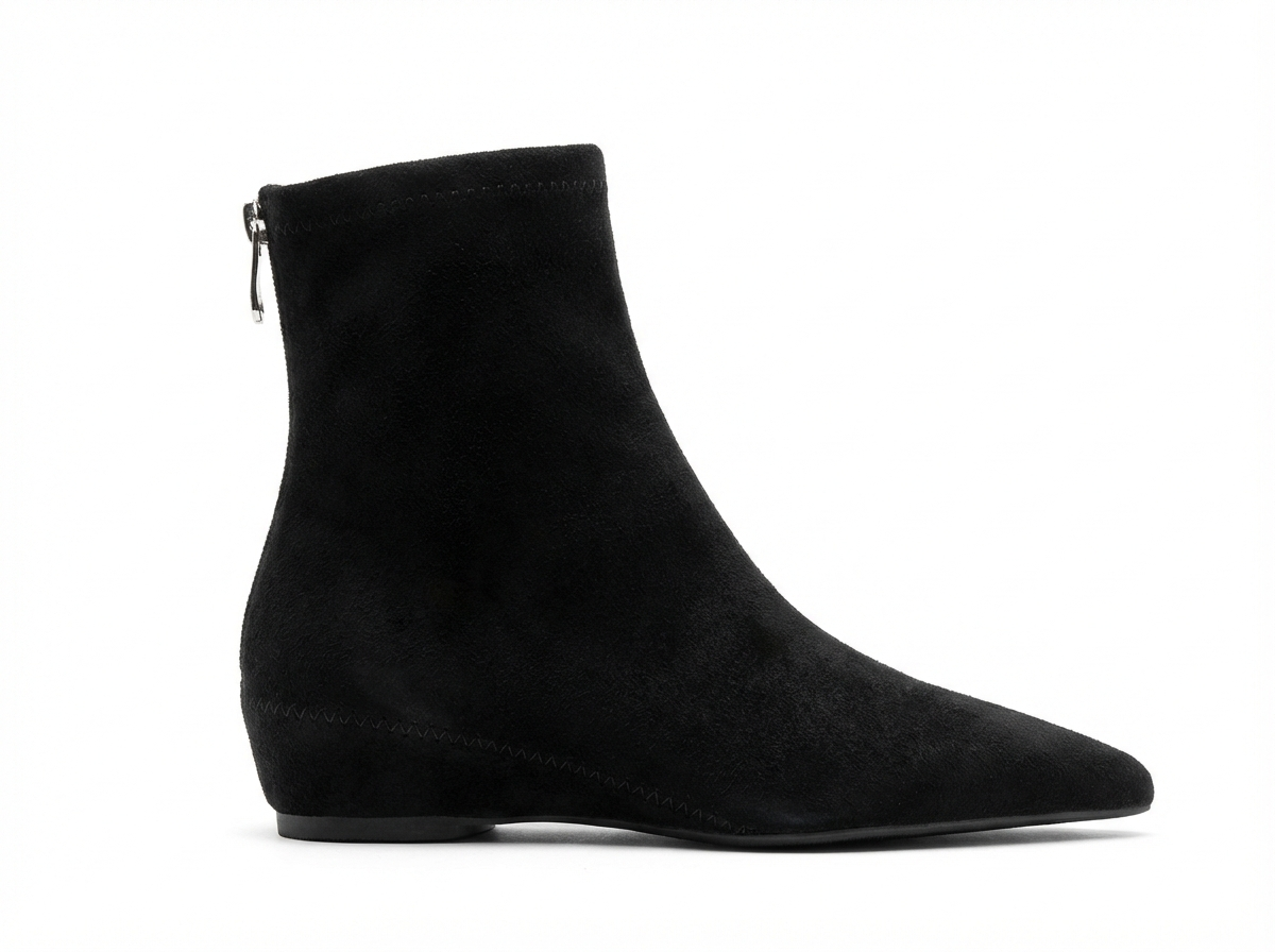 Bottine noir Daim Femme - Bout pointu, talon plat