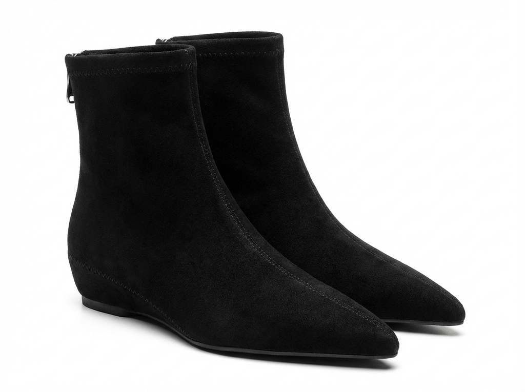 Bottine noir Daim Femme - Bout pointu, talon plat
