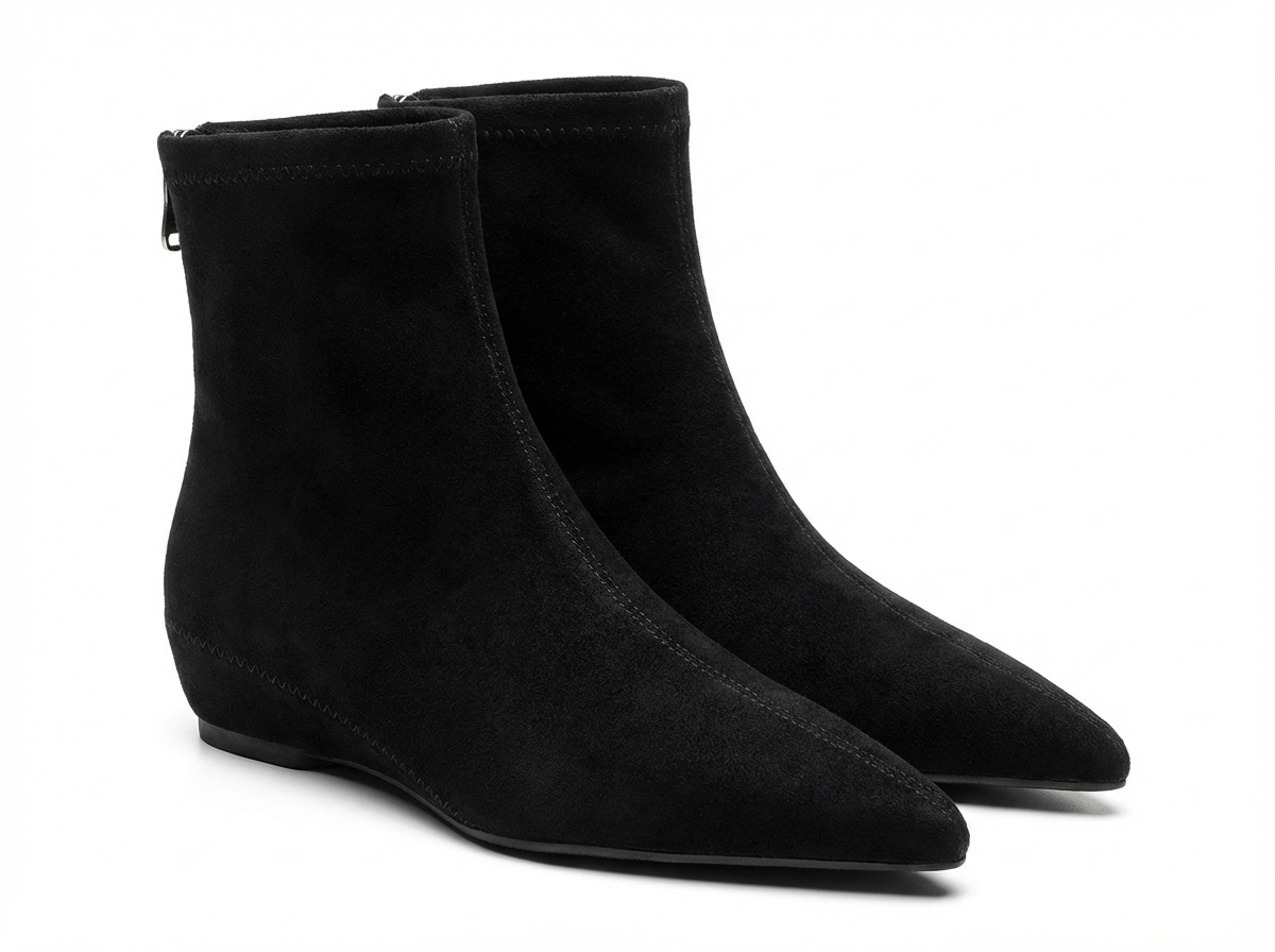 Bottine noir Daim Femme - Bout pointu, talon plat