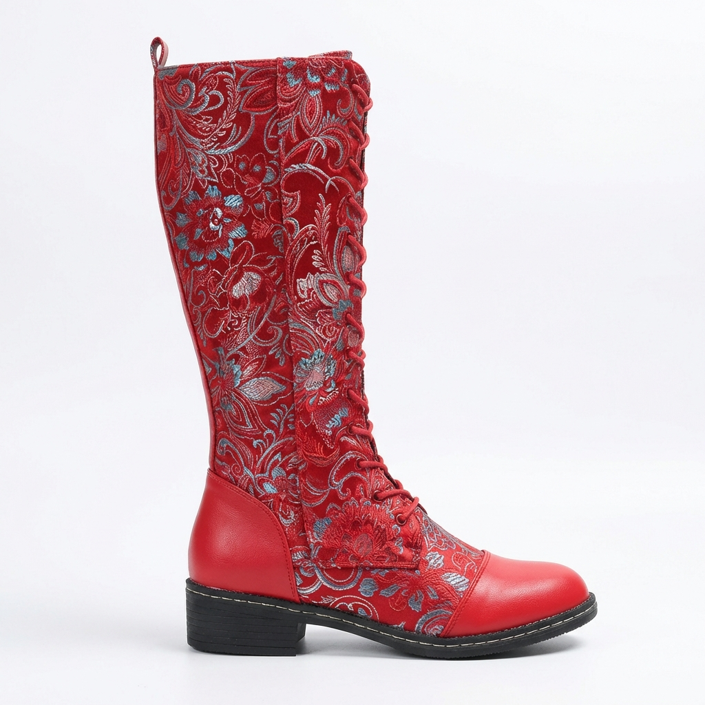 Botte haute rouge Simili Cuir Femme - Broderies western