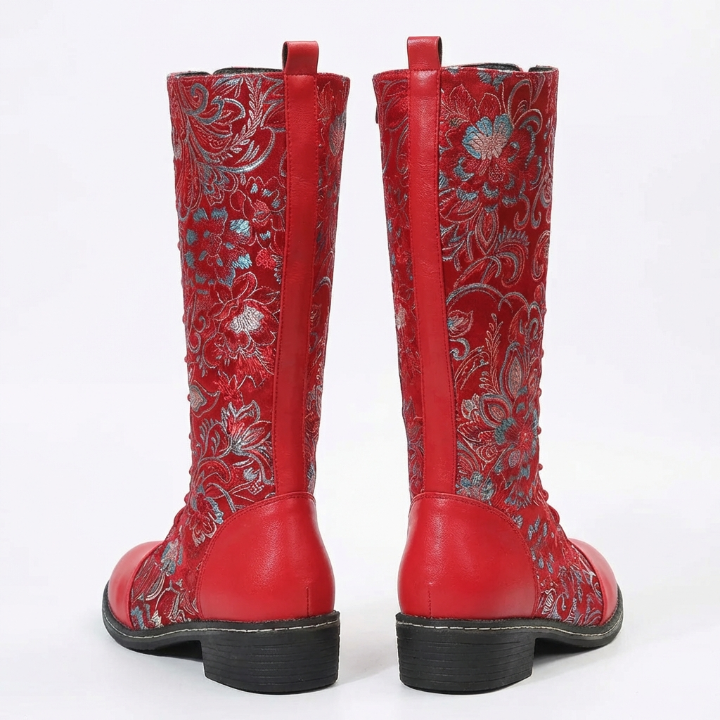 Botte haute rouge Simili Cuir Femme - Broderies western