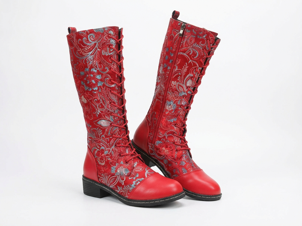 Botte haute rouge Simili Cuir Femme - Broderies western