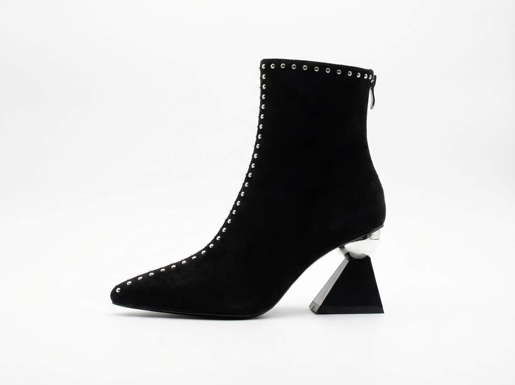 Bottine à talon noir Daim Synthétique Femme - Bout pointu, clous