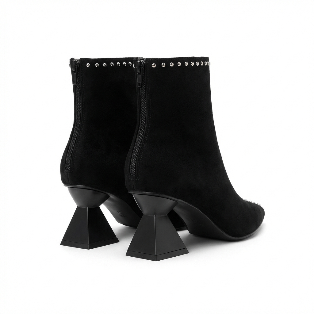 Bottine à talon noir Daim Synthétique Femme - Bout pointu, clous