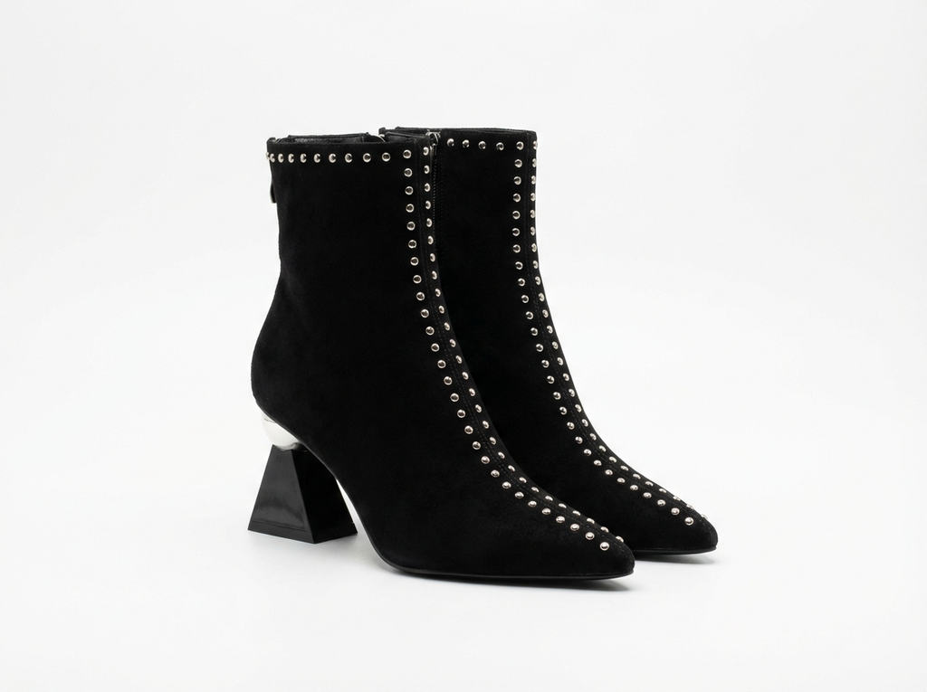 Bottine à talon noir Daim Synthétique Femme - Bout pointu, clous