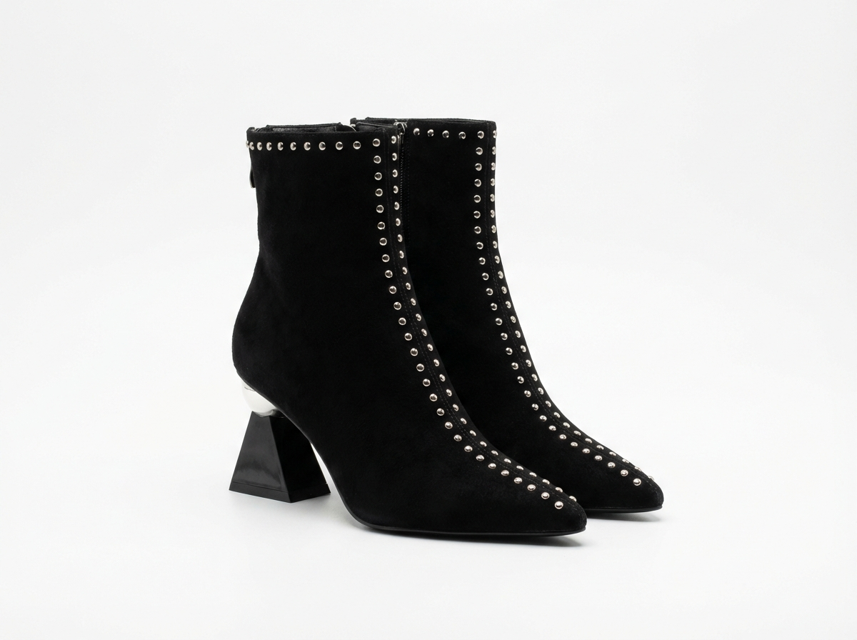 Bottine à talon noir Daim Synthétique Femme - Bout pointu, clous