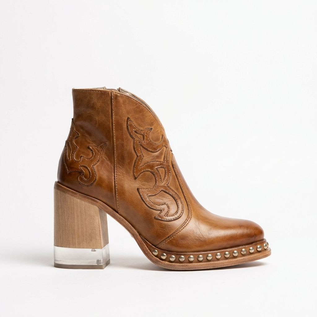 Santiag mi-haute camel Simili Cuir Femme - Broderies western, clous
