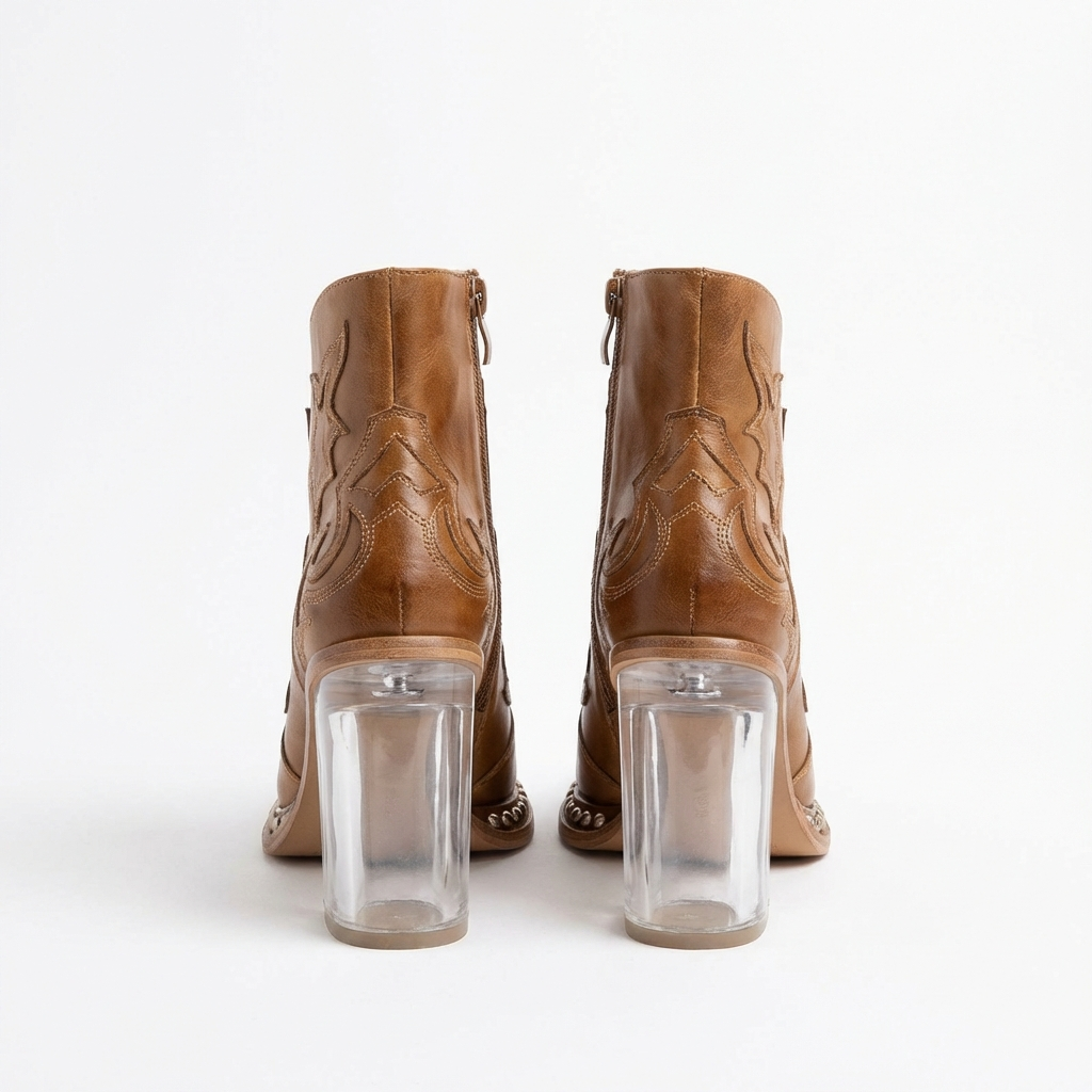 Santiag mi-haute camel Simili Cuir Femme - Broderies western, clous