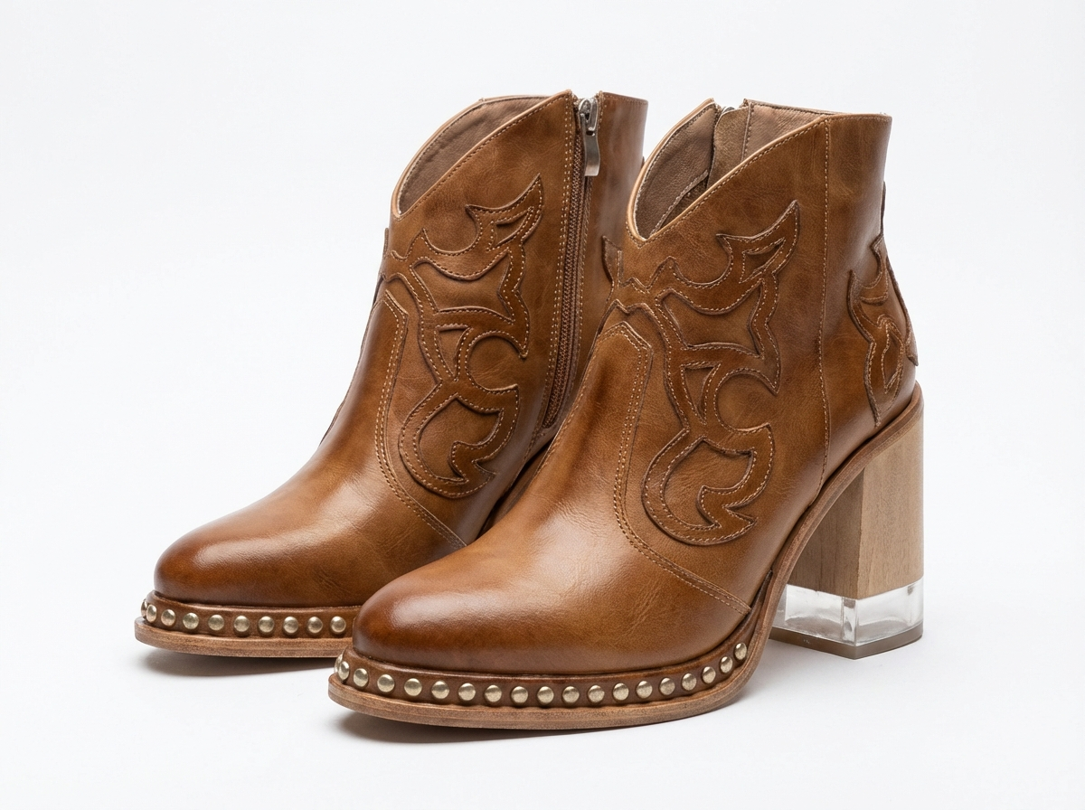Santiag mi-haute camel Simili Cuir Femme - Broderies western, clous