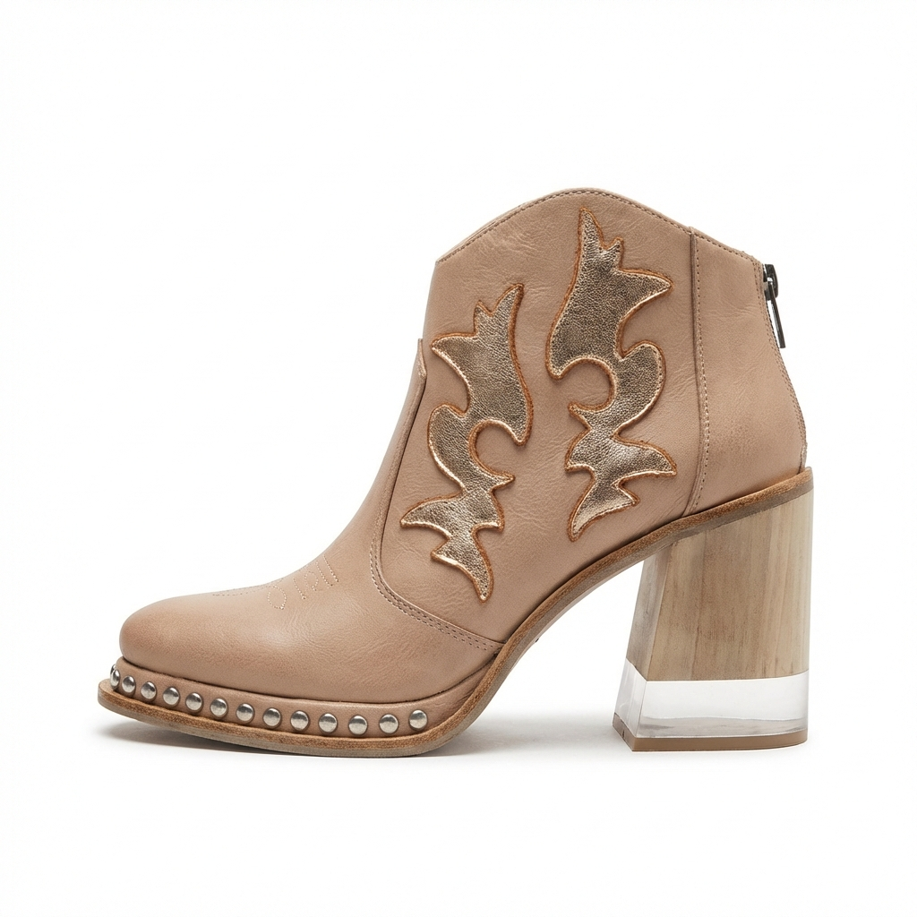 Santiag basse beige Simili Cuir Femme - Broderies florales, clous