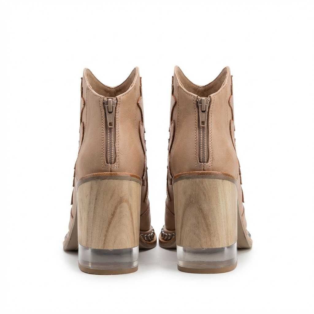 Santiag basse beige Simili Cuir Femme - Broderies florales, clous