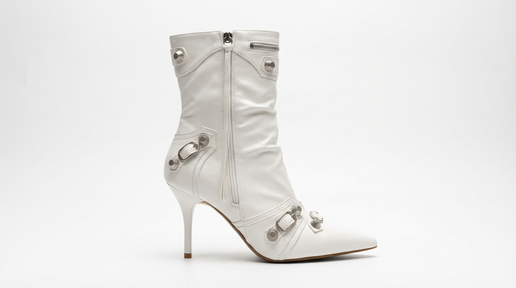 Botte haute blanc Simili Cuir Femme - Boucles métalliques
