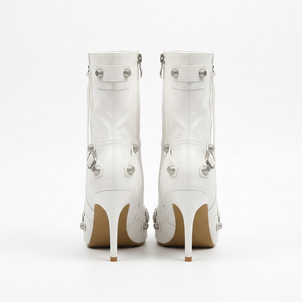 Botte haute blanc Simili Cuir Femme - Boucles métalliques