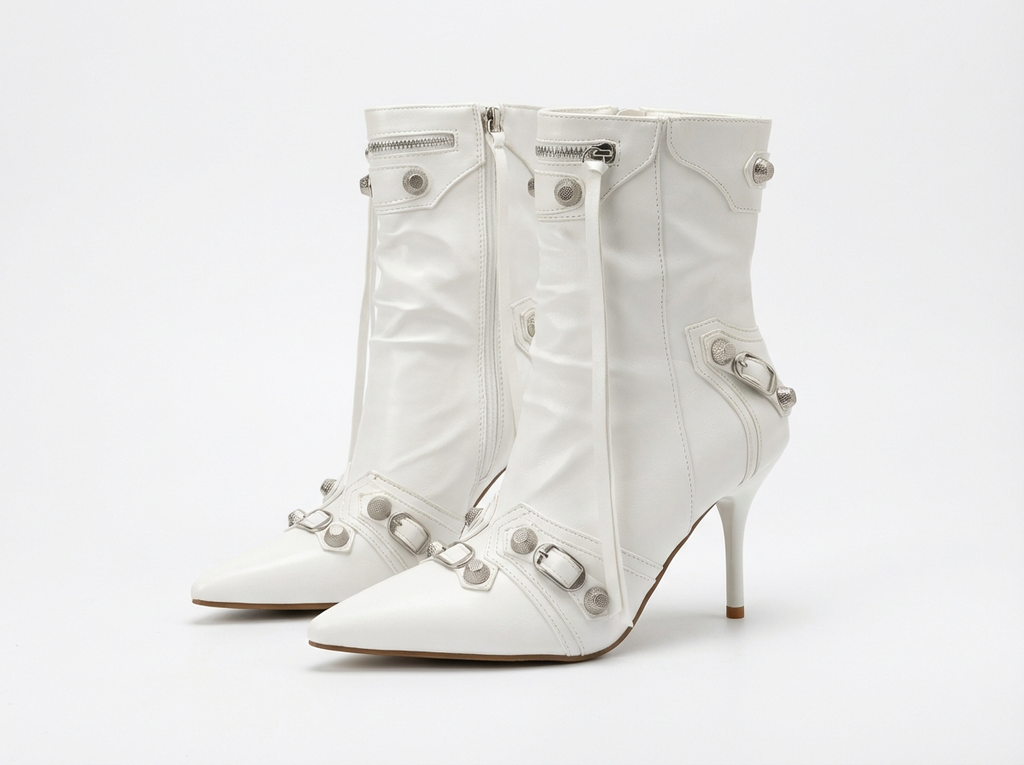 Botte haute blanc Simili Cuir Femme - Boucles métalliques