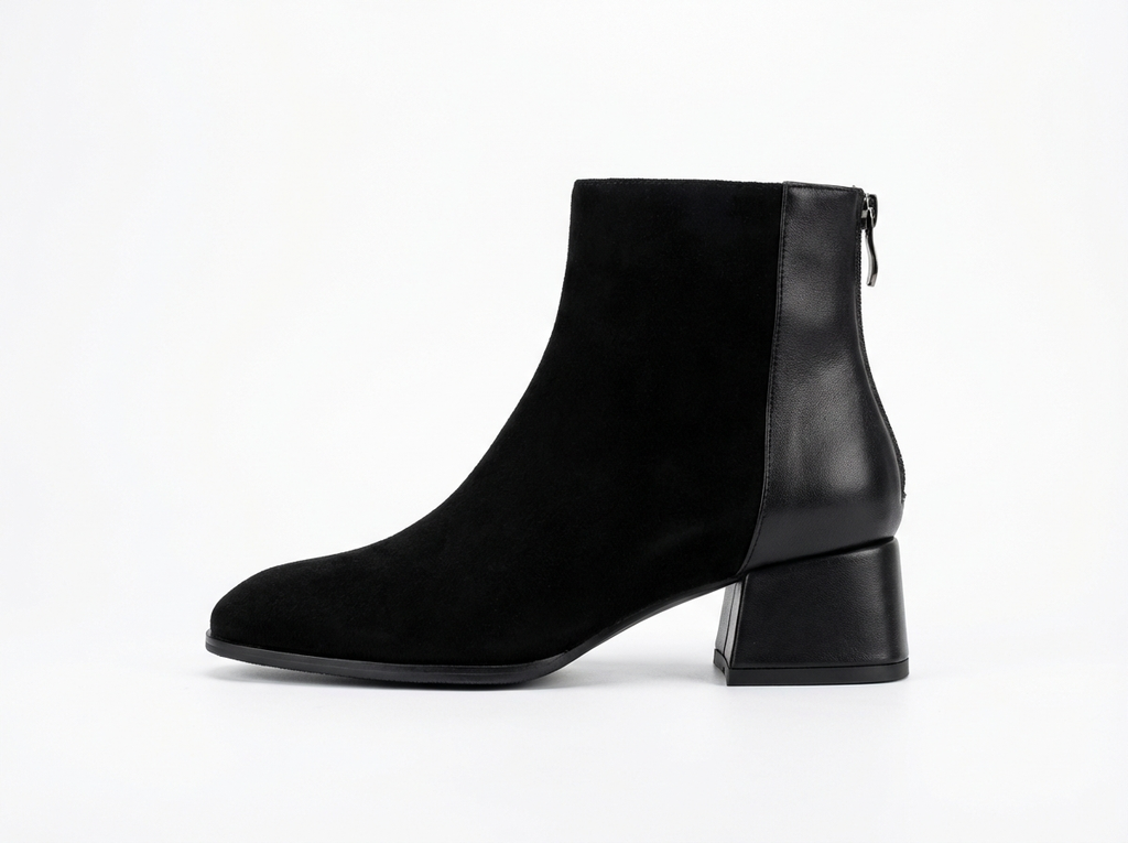 Bottine à talon noir Daim Femme - Bout rond, talon bloc bas