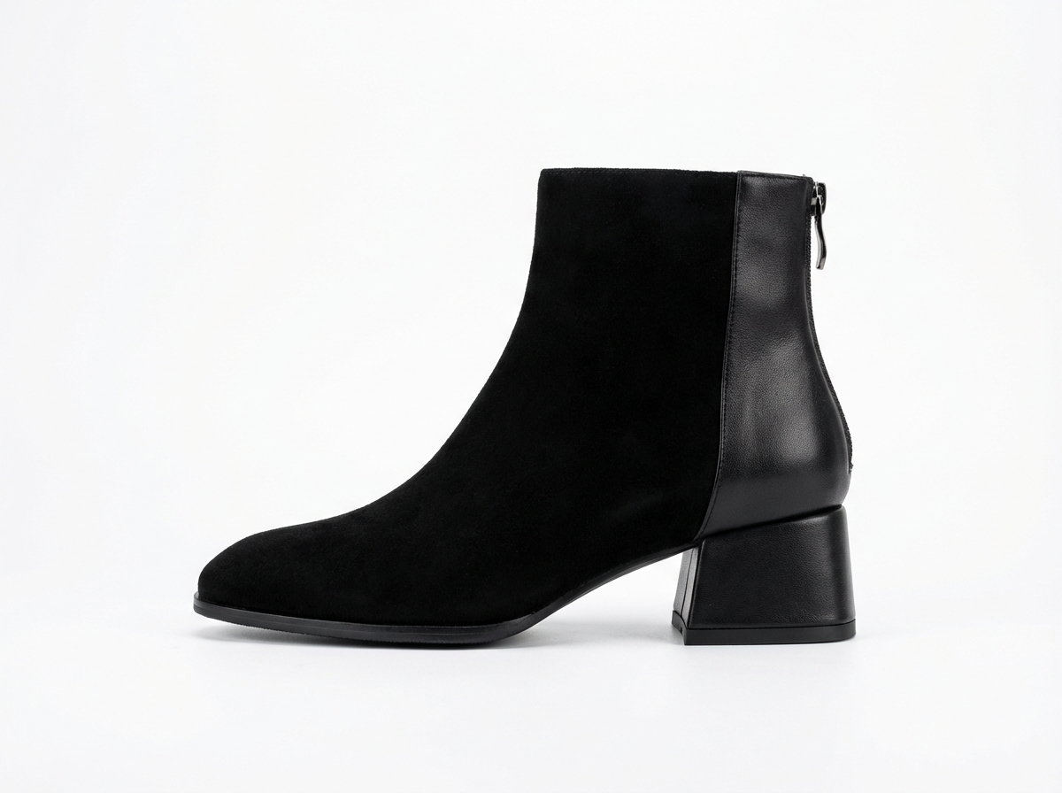 Bottine à talon noir Daim Femme - Bout rond, talon bloc bas