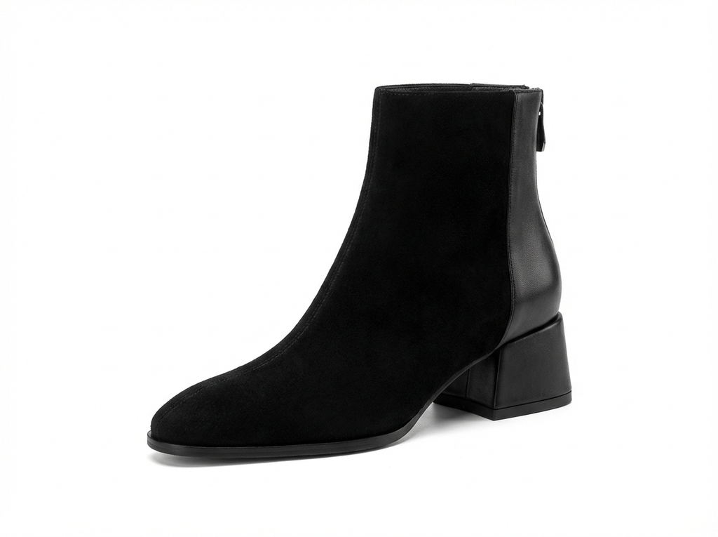 Bottine à talon noir Daim Femme - Bout rond, talon bloc bas