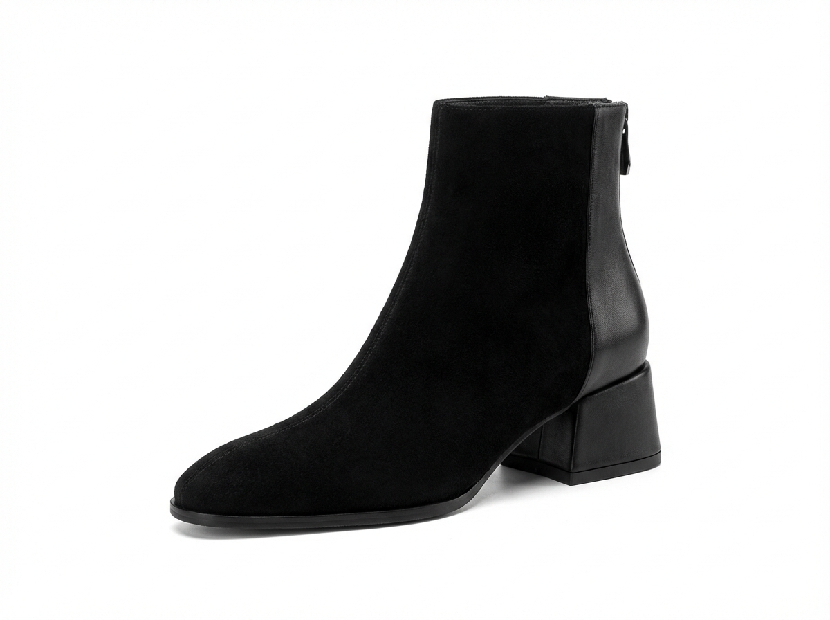Bottine à talon noir Daim Femme - Bout rond, talon bloc bas