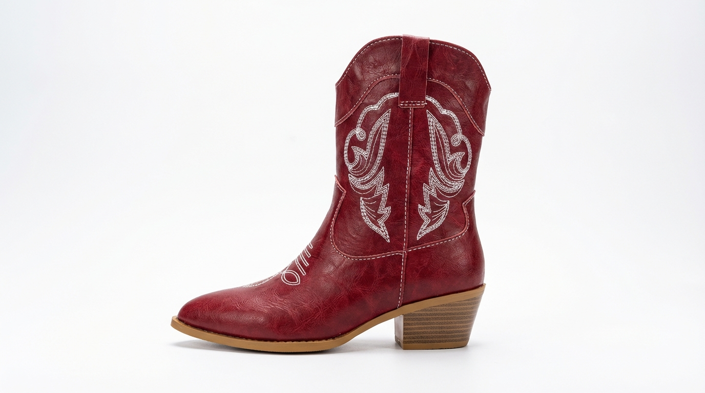 Santiag mi-haute rouge Simili Cuir Femme - Broderies traditionnelles