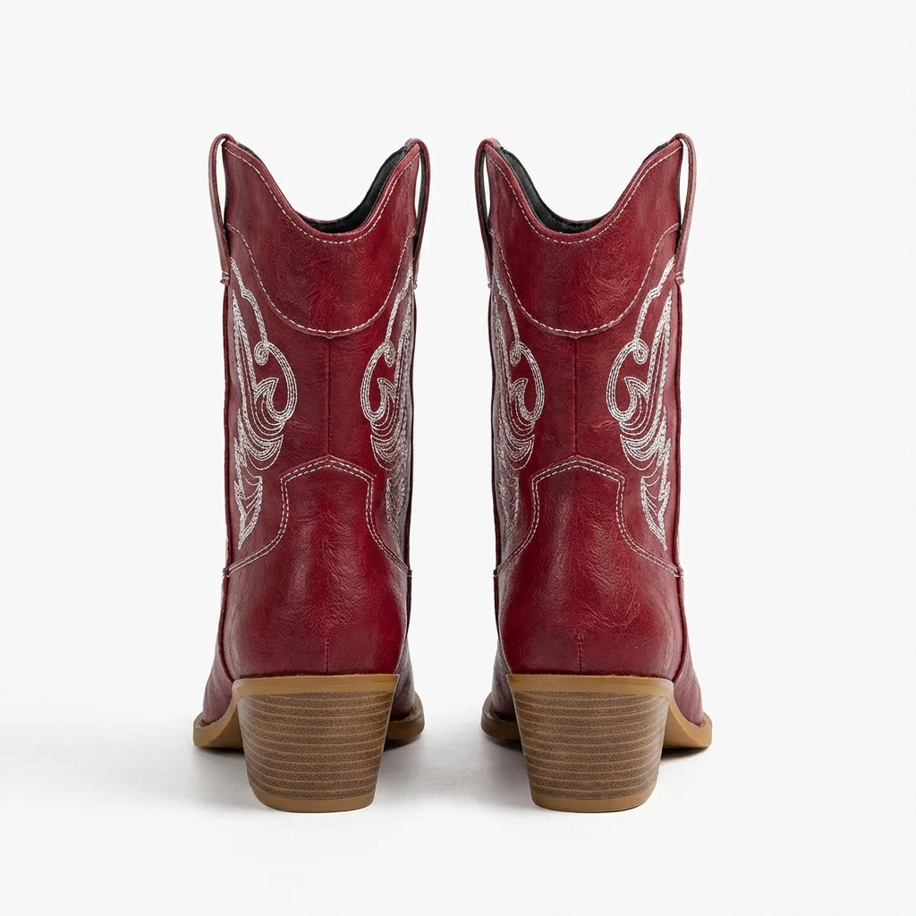 Santiag mi-haute rouge Simili Cuir Femme - Broderies traditionnelles