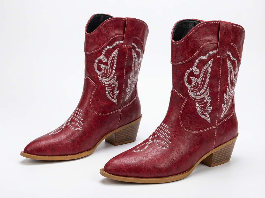 Santiag mi-haute rouge Simili Cuir Femme - Broderies traditionnelles