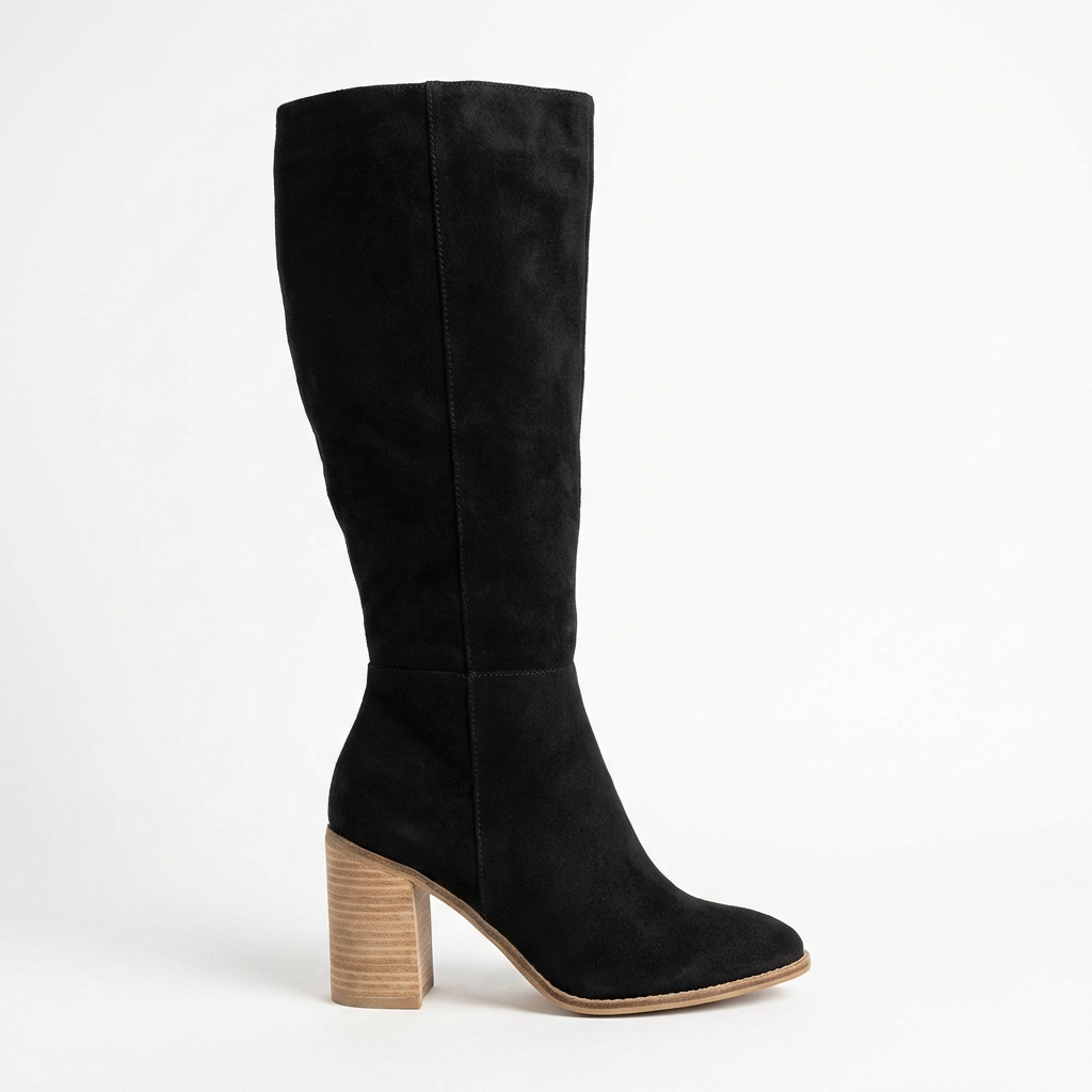 Santiag haute noir Daim Synthétique Femme - Talon carré, bout pointu