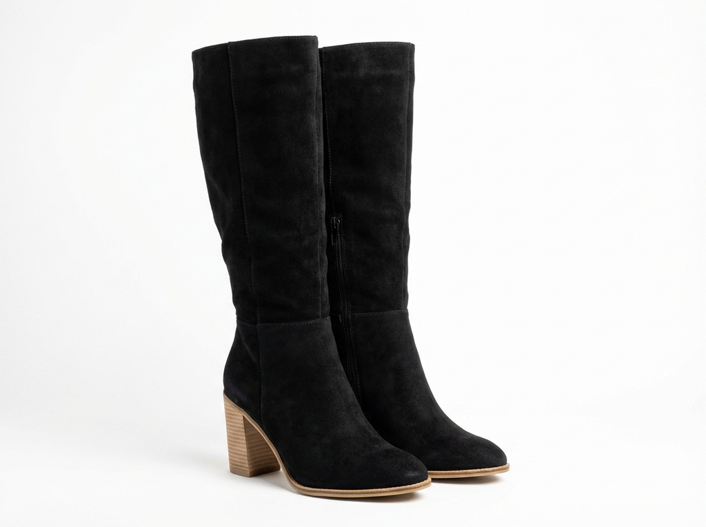 Santiag haute noir Daim Synthétique Femme - Talon carré, bout pointu