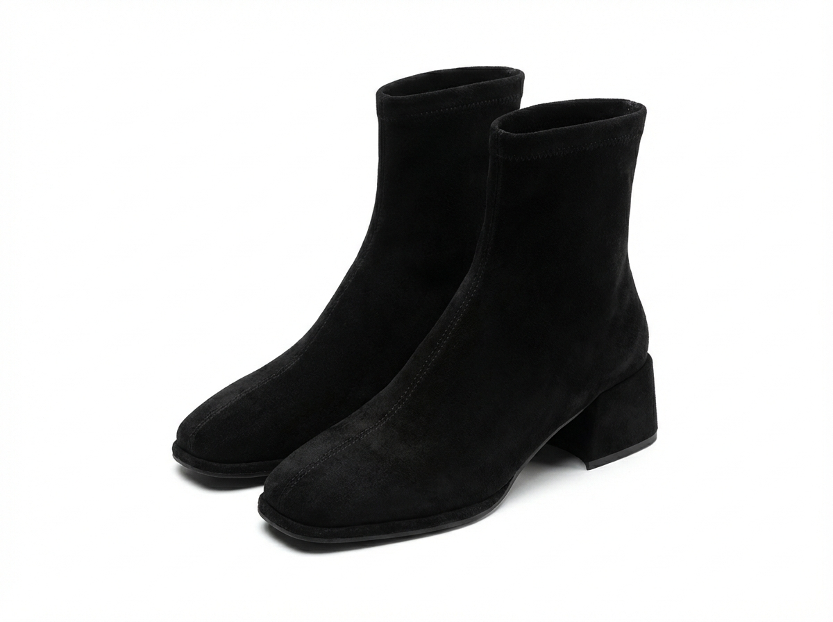 Bottine à talon noir Daim Synthétique Femme - Style cowboy, bout carré