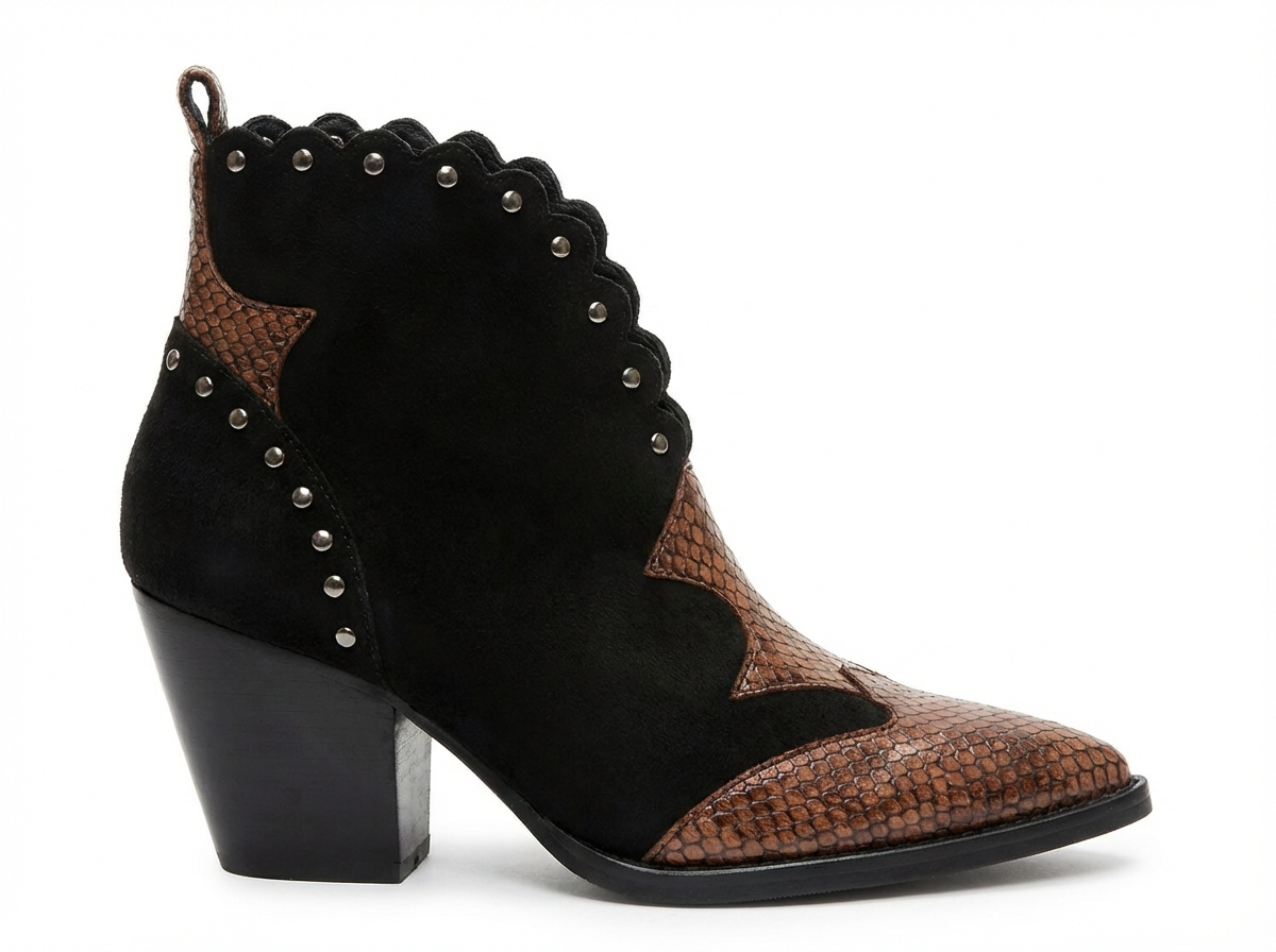 Santiag mi-haute noir Simili Cuir Femme - Motif python, rivets