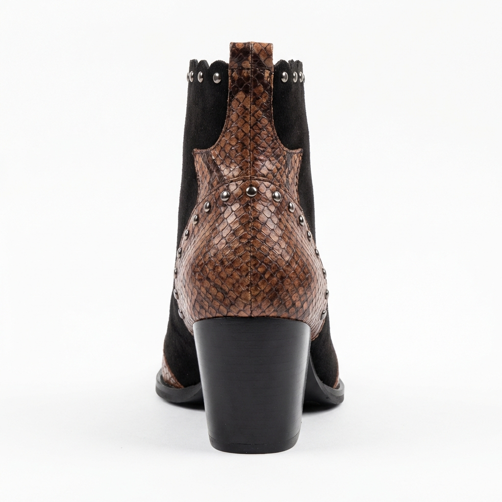 Santiag mi-haute noir Simili Cuir Femme - Motif python, rivets