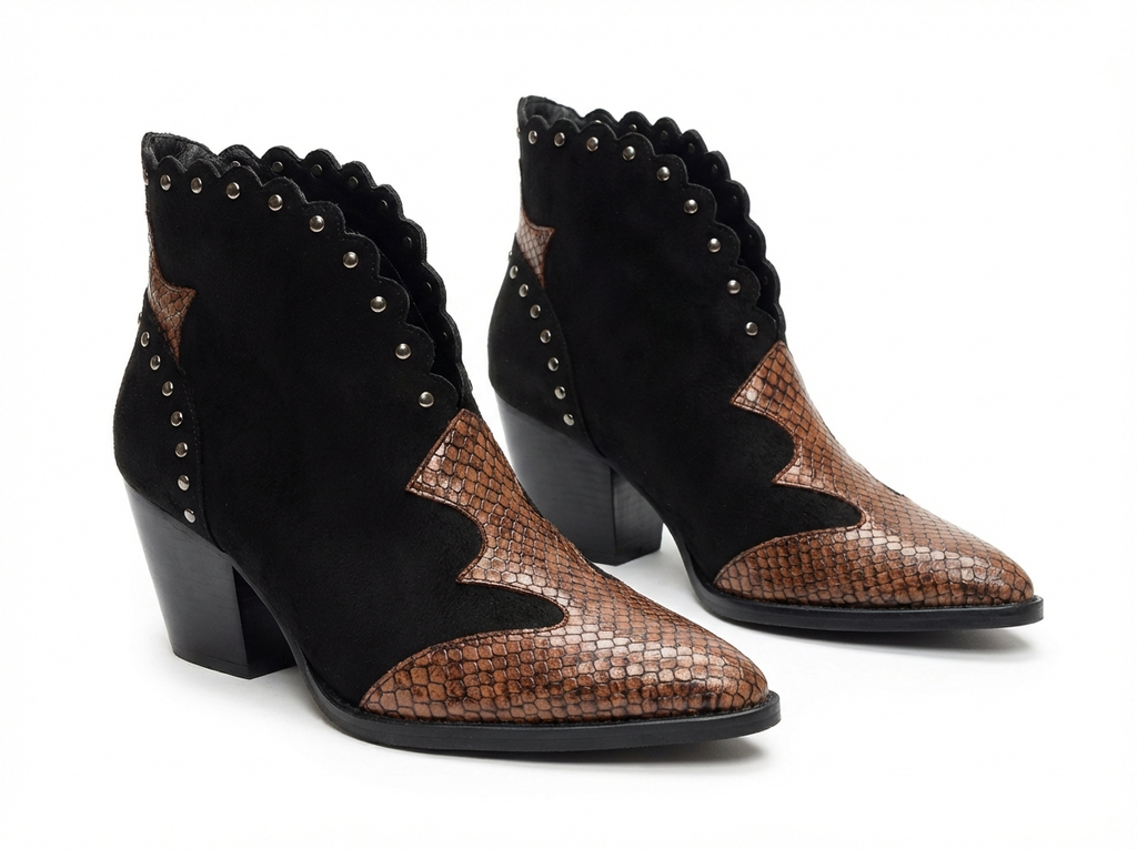 Santiag mi-haute noir Simili Cuir Femme - Motif python, rivets