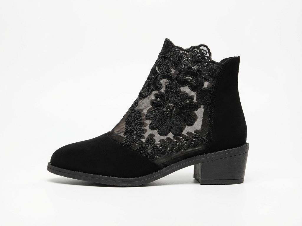 Bottine à talon noir Synthétique Femme - Broderies florales