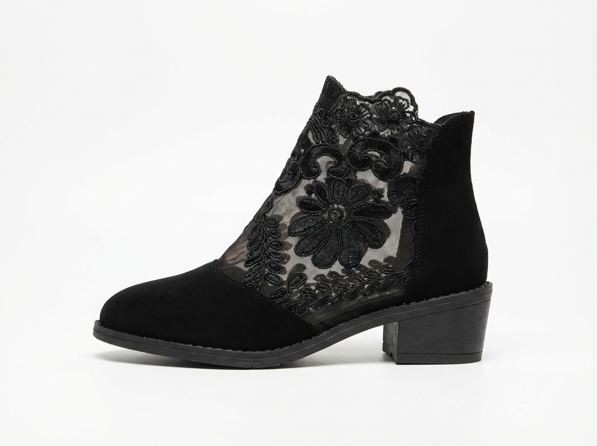 Bottine à talon noir Synthétique Femme - Broderies florales