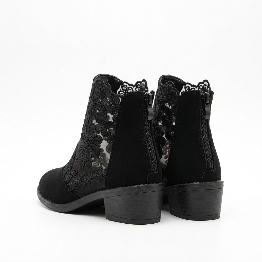 Bottine à talon noir Synthétique Femme - Broderies florales