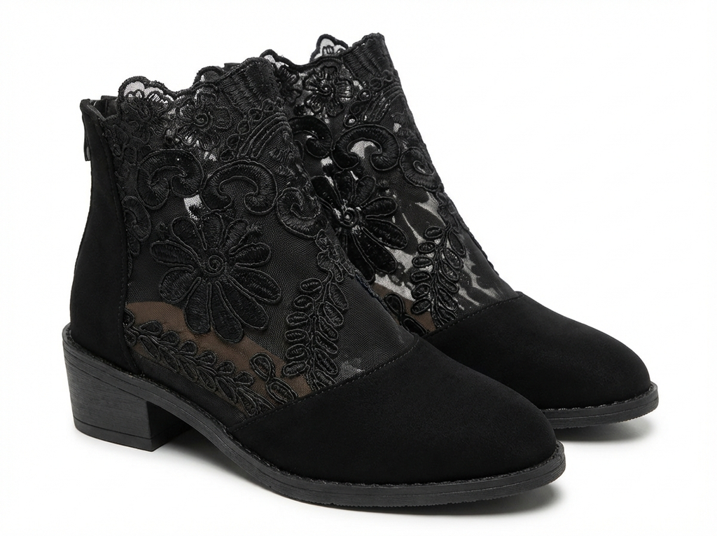 Bottine à talon noir Synthétique Femme - Broderies florales