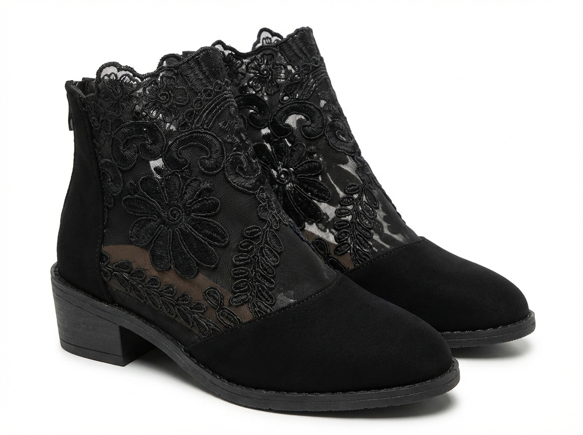 Bottine à talon noir Synthétique Femme - Broderies florales