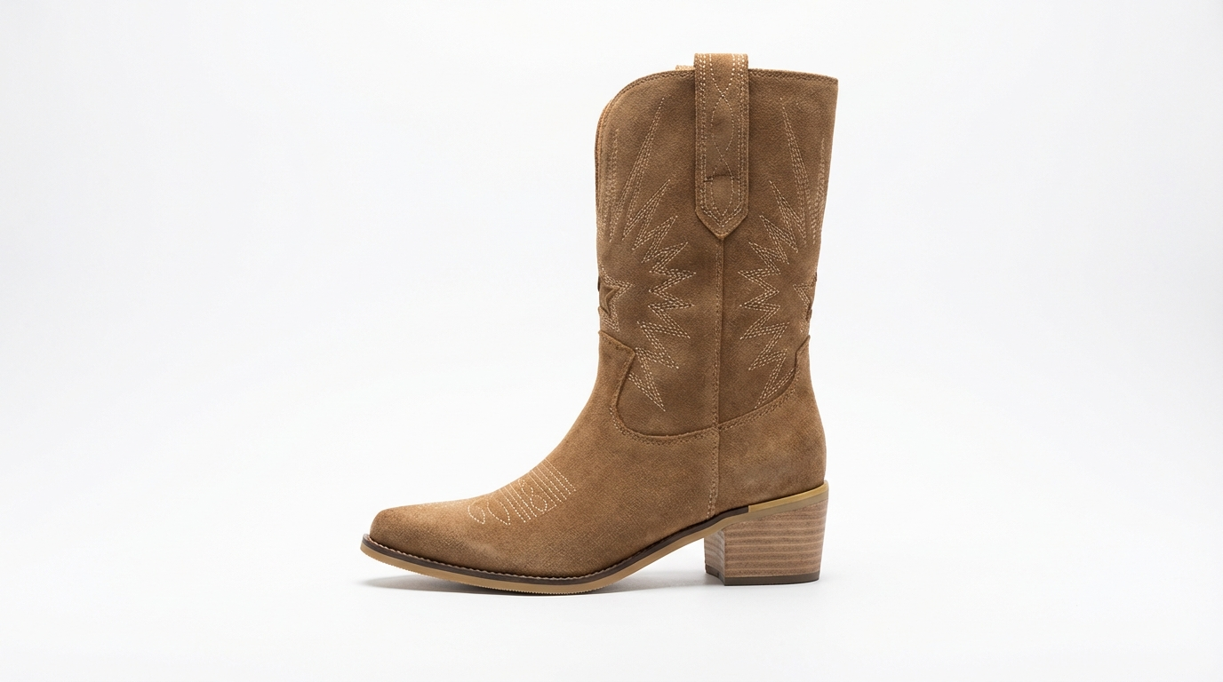 Santiag mi-haute marron clair PU Femme - Broderies western, effet daim