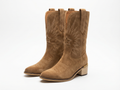 Santiag mi-haute marron clair PU Femme - Broderies western, effet daim